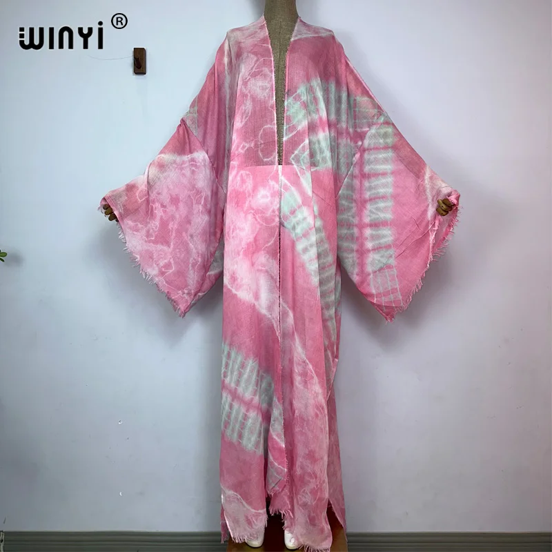 WINYI new Women Tie-dye print Elegant Casual dress African Cardigans Outerwear For Women Summer Sexy cotton feeling loose Kimono