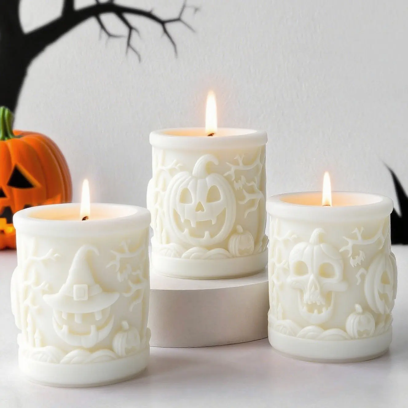 Halloween Cylindrical Candle Silicone Mold 3D Pumpkin Ghost Witch Sculpture Silicone Mold DIY Handmade Aroma Plaster Resin Molds