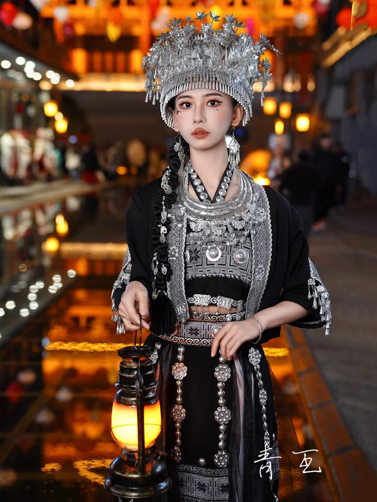 Embroidered Miao Costume Female Dress Headdress Necklet Set Minority Tujia New Photography Trip Shoot Clothing