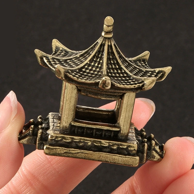 Brasses Pavilion Figurine Chinese Inspired Tabletop Decors Accent with Octagonal Roof and Antique Gold Finish for Shelf, Y5GB