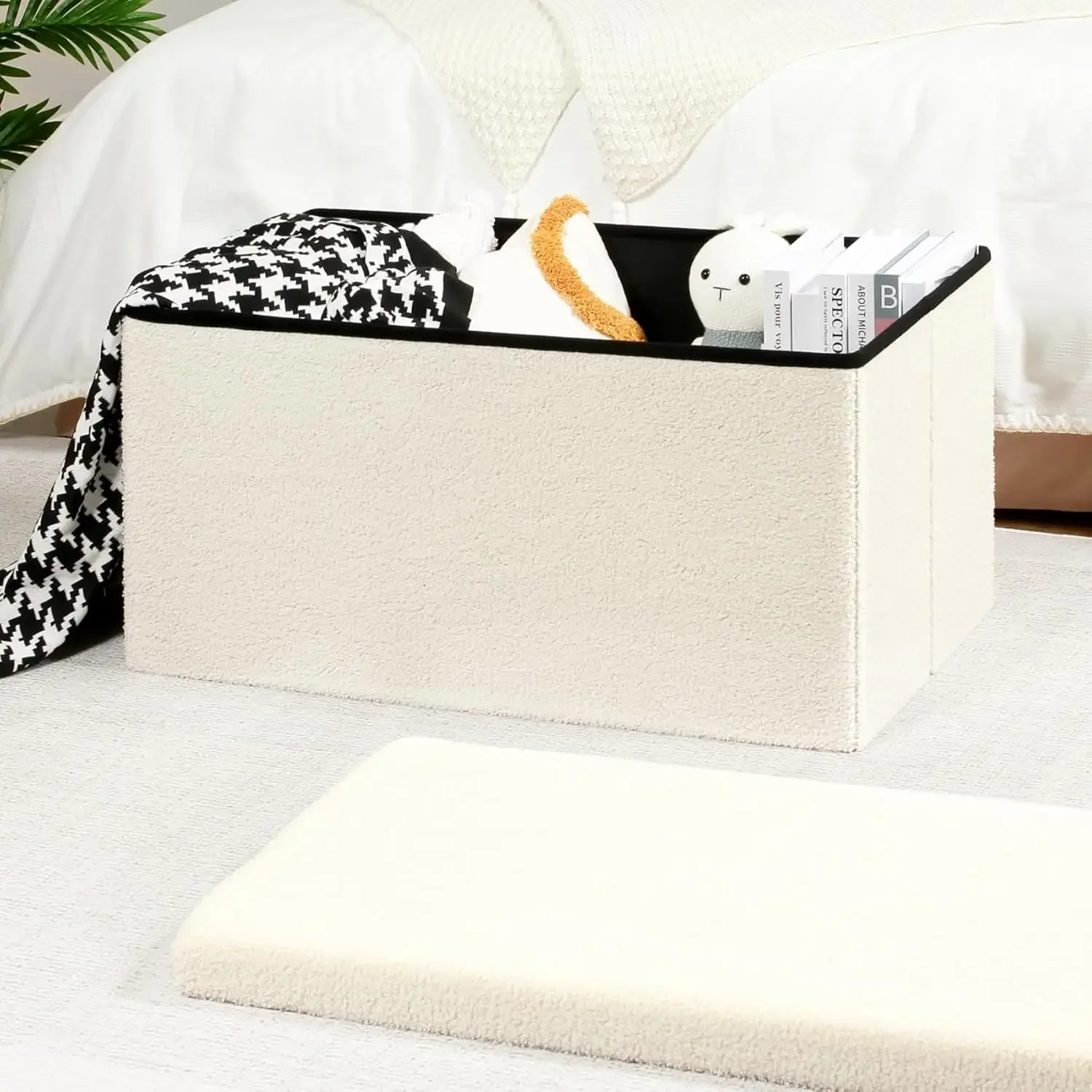 Folding Storage Ottoman Bench, White Upholstered Sherpa Ottoman Storage Bench, Large Storage Chest Footrest with Lids