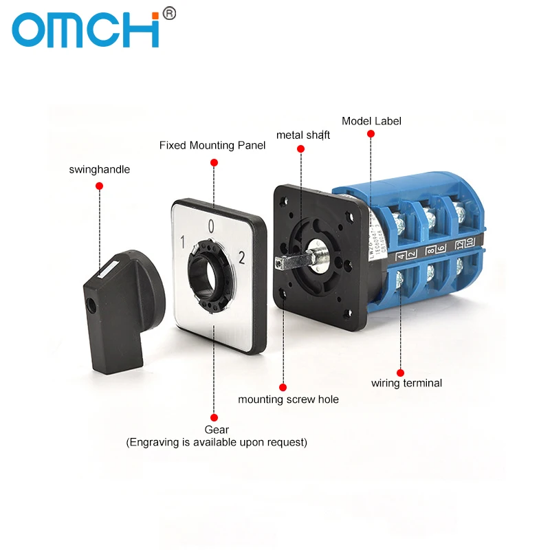 OMCH LW26-20/32/63 مفتاح كاميرا دوارة 3 موضع 1-0-2 1/2/3/4 أقطاب اتصال فضي 440 فولت 4/8/12/16 محطات مفتاح عالمي