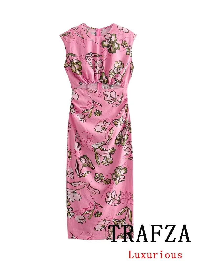 TRAFZA Vintage Casual Chic Women Dress Print O-Neck Zipper Sleeveless Straight Vestidos Fashion 2024 Spring Summer Holiday Dress