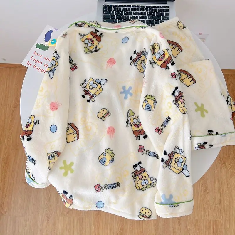 2026 Cartoon SpongeBob Pajamas Coral Velvet Sleepwear for Men and Women Warm Sweet Home Clothes Long Sleeve Set Girl's Gift Toys