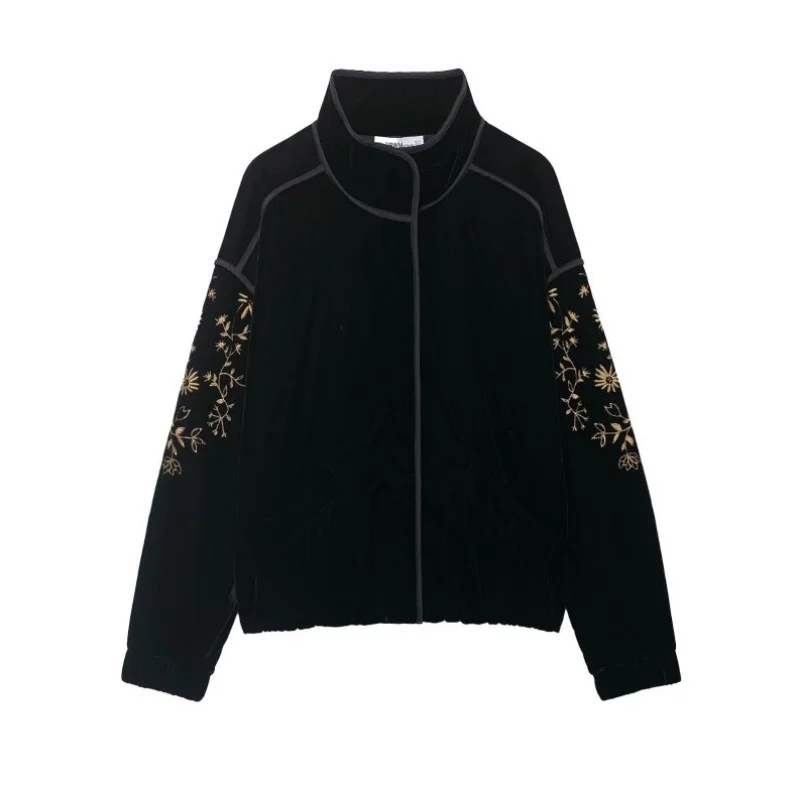 

Women’s Autumn Daily Commute Embroidery Velvet Stand Collar Jacket Coat Fashion Casual Office Workwear Chic Style