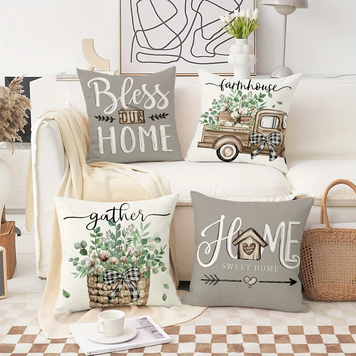 VIKAMA Warm Home Blessing Pillow Cover, Bless Our Home/Home Sweet Home Farmhouse, Rural Style Pillowcase Home Decoration