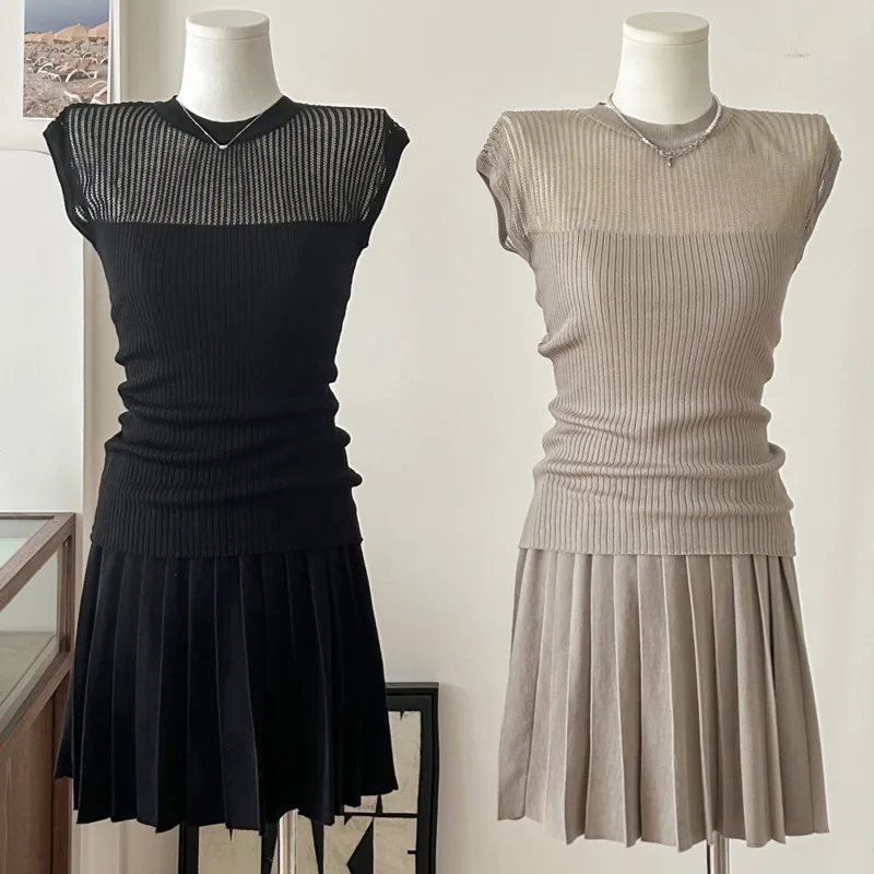 2025 novos conjuntos de correspondência oco para fora camisa de malha feminina temperamento magro topos + saia curta plissada 2 peças conjuntos mulher outfit