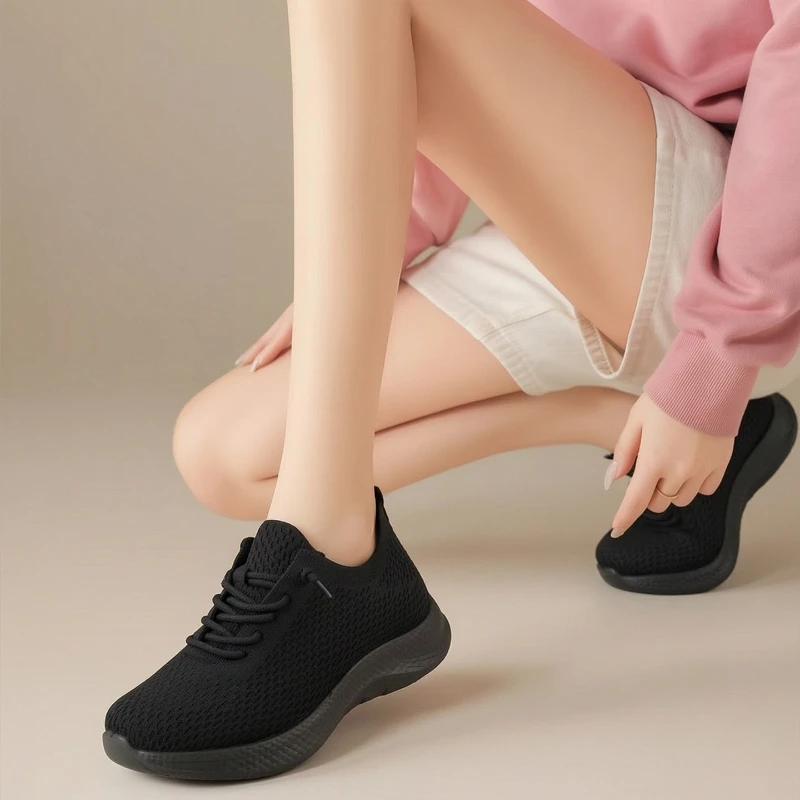 Summer Ladies Breathable Mesh Walking Shoes Non Slip Light Elastic Shoelace Soft Sole Knit Casual Sneakers For Daily Outdoor view 6