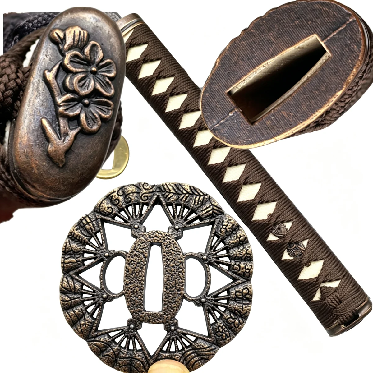 26cm*Real Rayskin Tsuka Brown Ito Handle For Japan Samurai Katana/Wakizashi Sword Brass Habaki+Seppa Metal Accessory