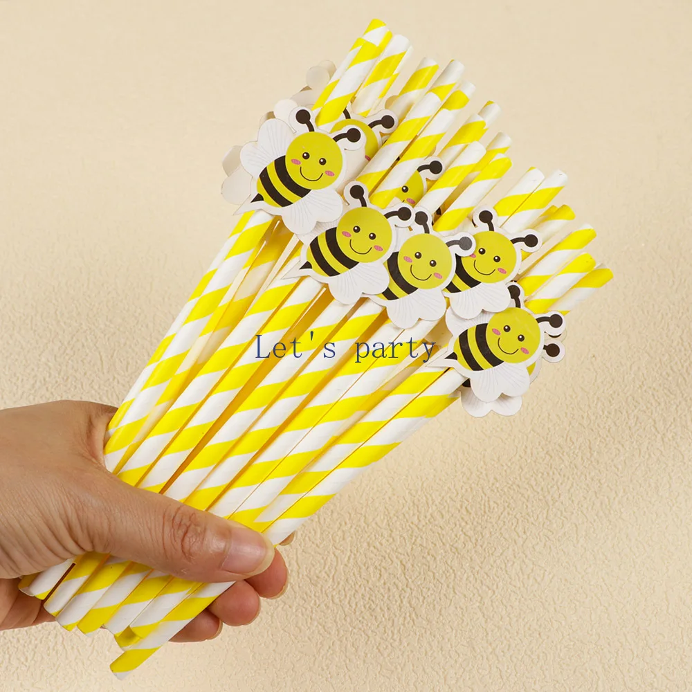 30Pcs Sweet Bee Theme Disposable Paper Straws Bar Drinking Straw Tableware for Kids Birthday Baby Shower Party Decorations