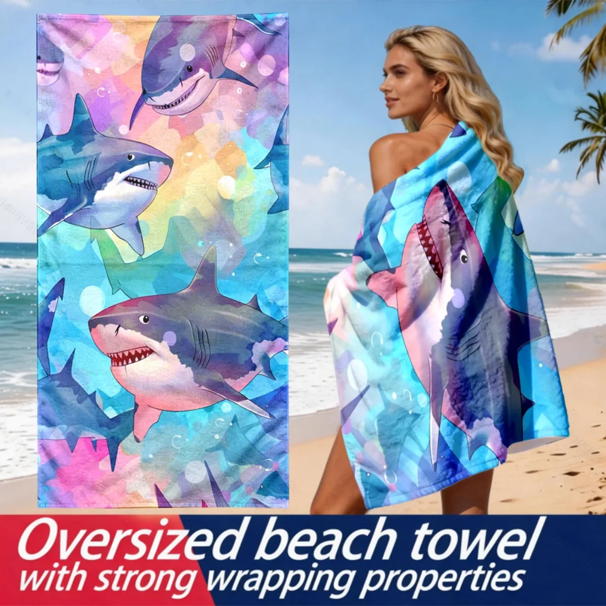 Watercolor shark print theme polyester microfiber beach towel is highly absorbent, suitable for swimming and beach outings