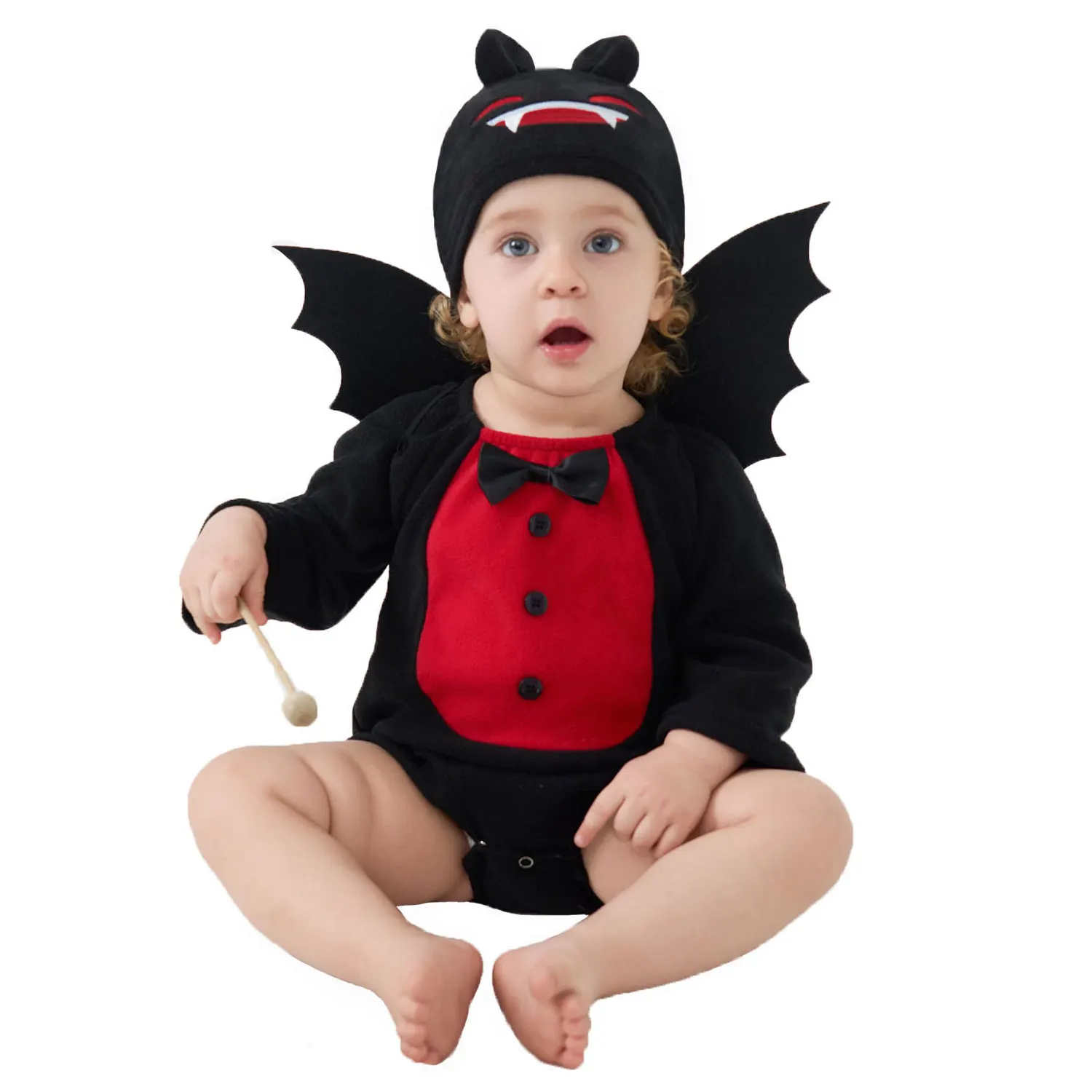 Umorden unissex bebê infantil halloween vermelho preto morcego vampiro diabo traje macacão asas chapéu 3 peças conjunto 1-2t