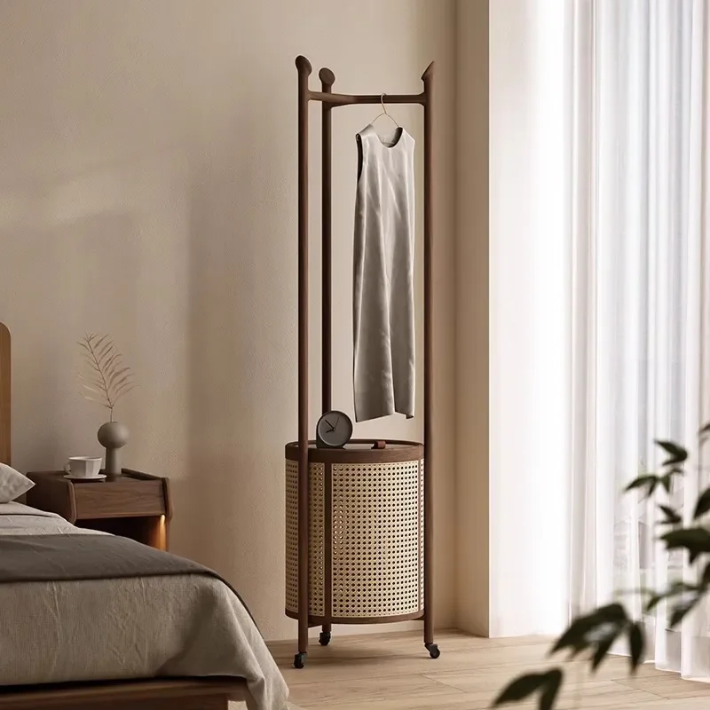 Solid Wood Floor to Ceiling Hanging Coat Rack Black Walnut Bedroom Door Hanger with Removable Rattan Laundry Basket Household