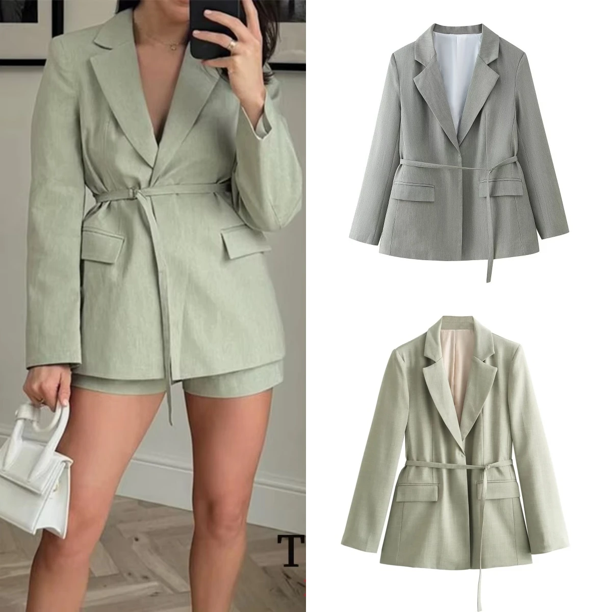 

European and American spring and fall new temperament fashion casual versatile thin belt suit jacket casual versatile jacket