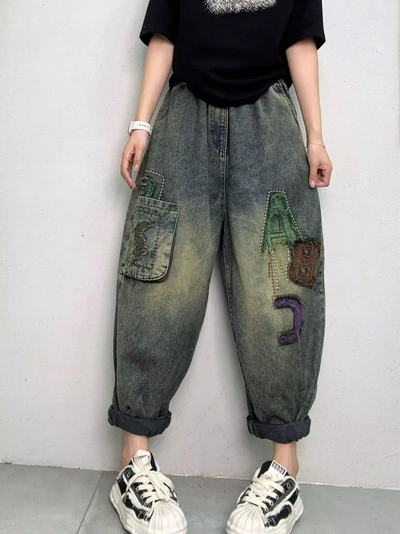 

Jeans For Women 2024 Autumn New Arrival Patched Letter Denim Single Pants Elastic Waist Loose Harem Pants Baggy Jeans Trousers