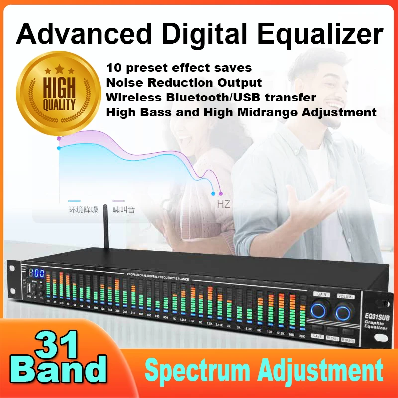 

Home Audio Equalizer, Professional 31-Band Digital Eoualizer,Noise Reduction Rack Mount Audio Spectrum Analyzer,Stereo Graphic