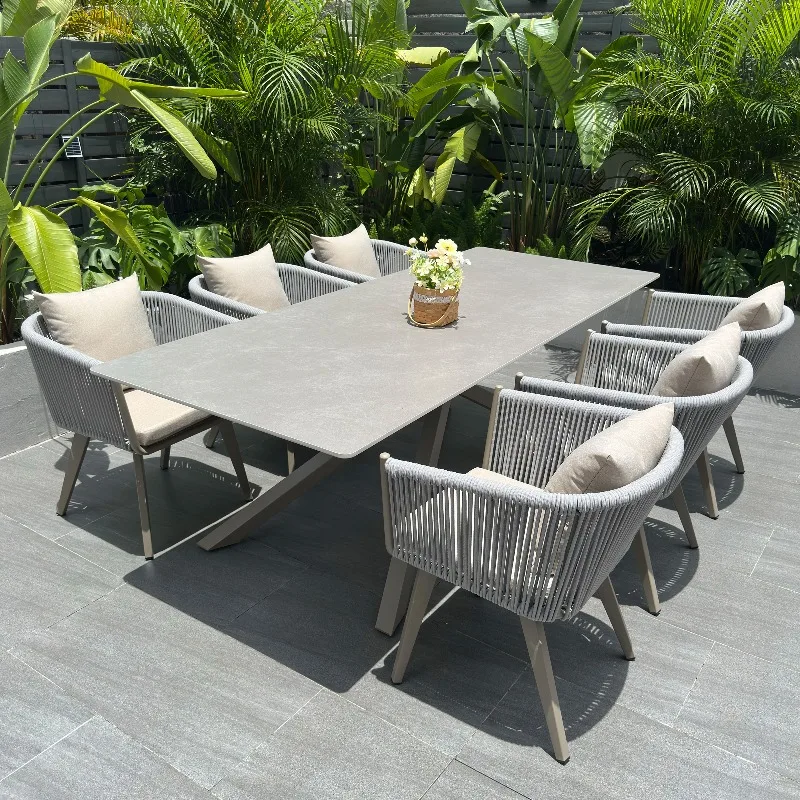 Outdoor Rattan Table Chair Set Garden Tea Table Rock Slab Top Living Room Balcony Terrace Leisure Furniture