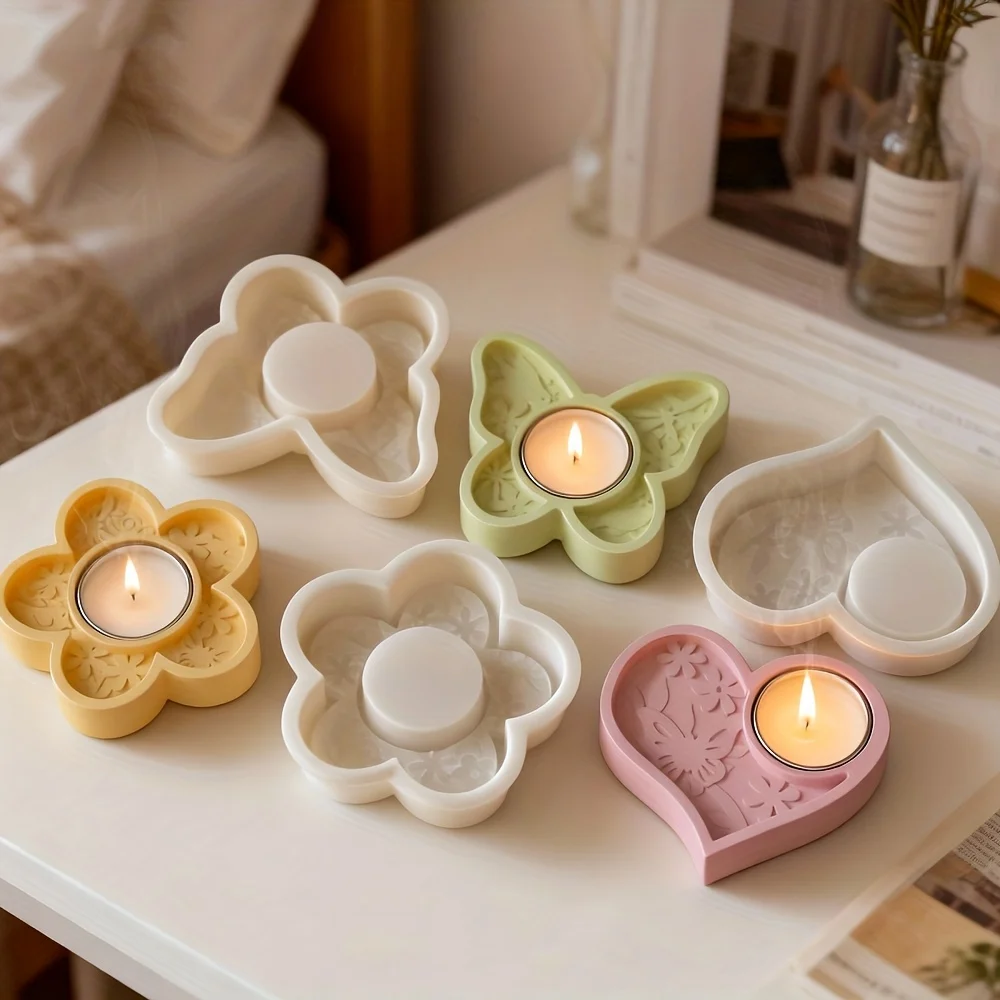 Moule porte-bougie en silicone réutilisable – Conception coeur/fleur/papillon, durable et facile à nettoyer, parfait pour le plâtre/résine/béton