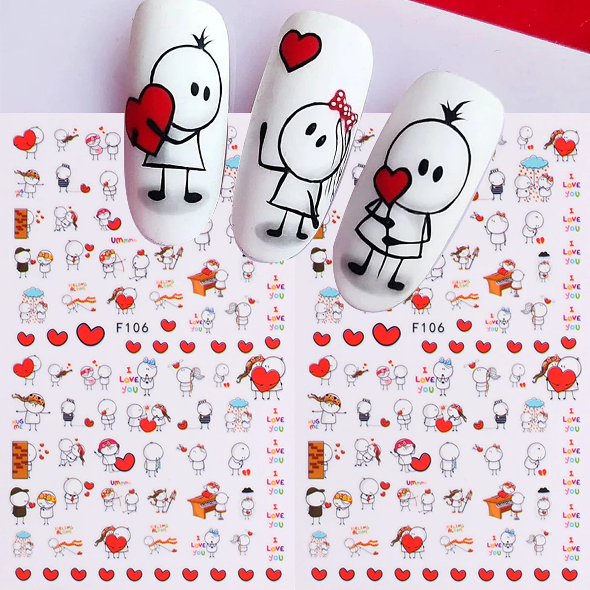 

2pcs Valentine's Day 3D Nail Stickers Cute Cartoon Lover Self Adhesive Plastic Decals Cute Girl English Letter Manicure Decor