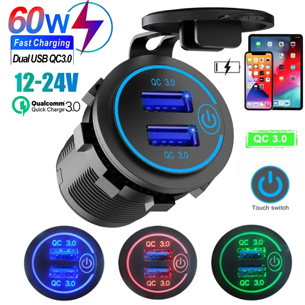 Dual QC 3.0 Dual USB Fast Car Charger Socket 12V/24V Waterproof with Switch Auto Car Quickly Charge Adapter Power Outlet