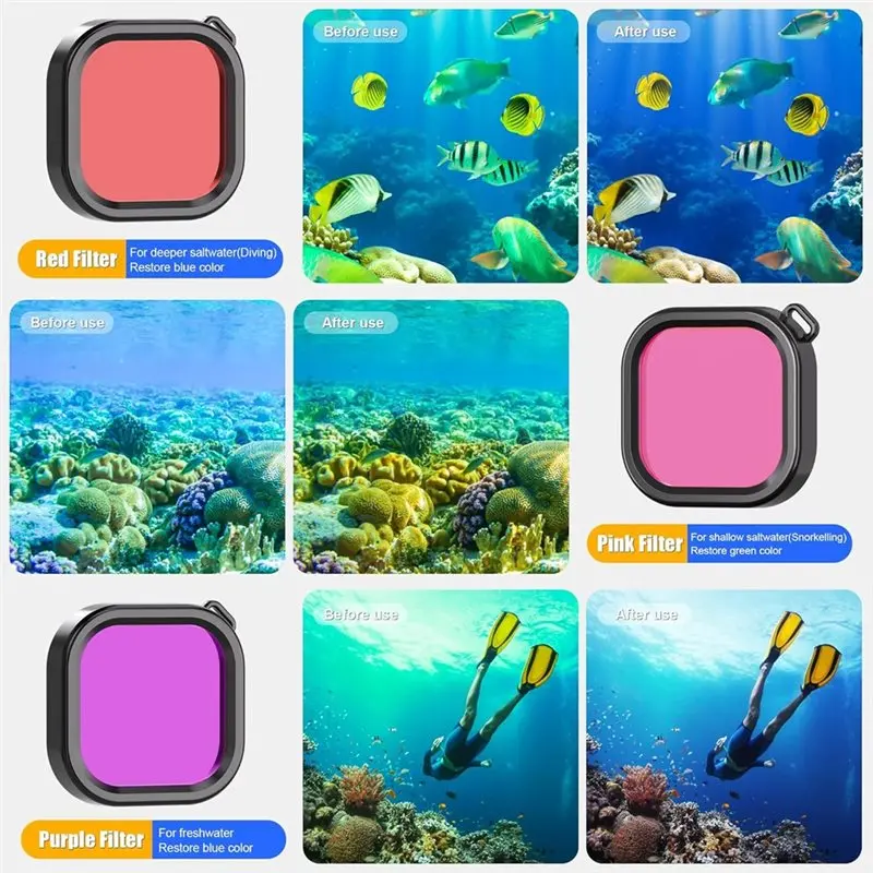3CGRO-حافظة مقاومة للماء تحت الماء طقم غطس واقي مع 3 عبوات من فلتر الغوص لـ Gopro13 12 11 10 9 #4