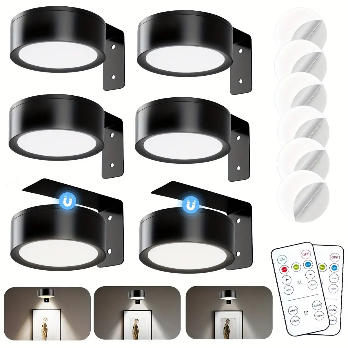 3/6Pcs Picture Light Battery Operated, Magnetic Led Painting Light With Remote Dimmable And Timer, 3 Lighting Modes Art Display Light For Picture Frame Paintings, Wireless Wall Decor Puck Lights