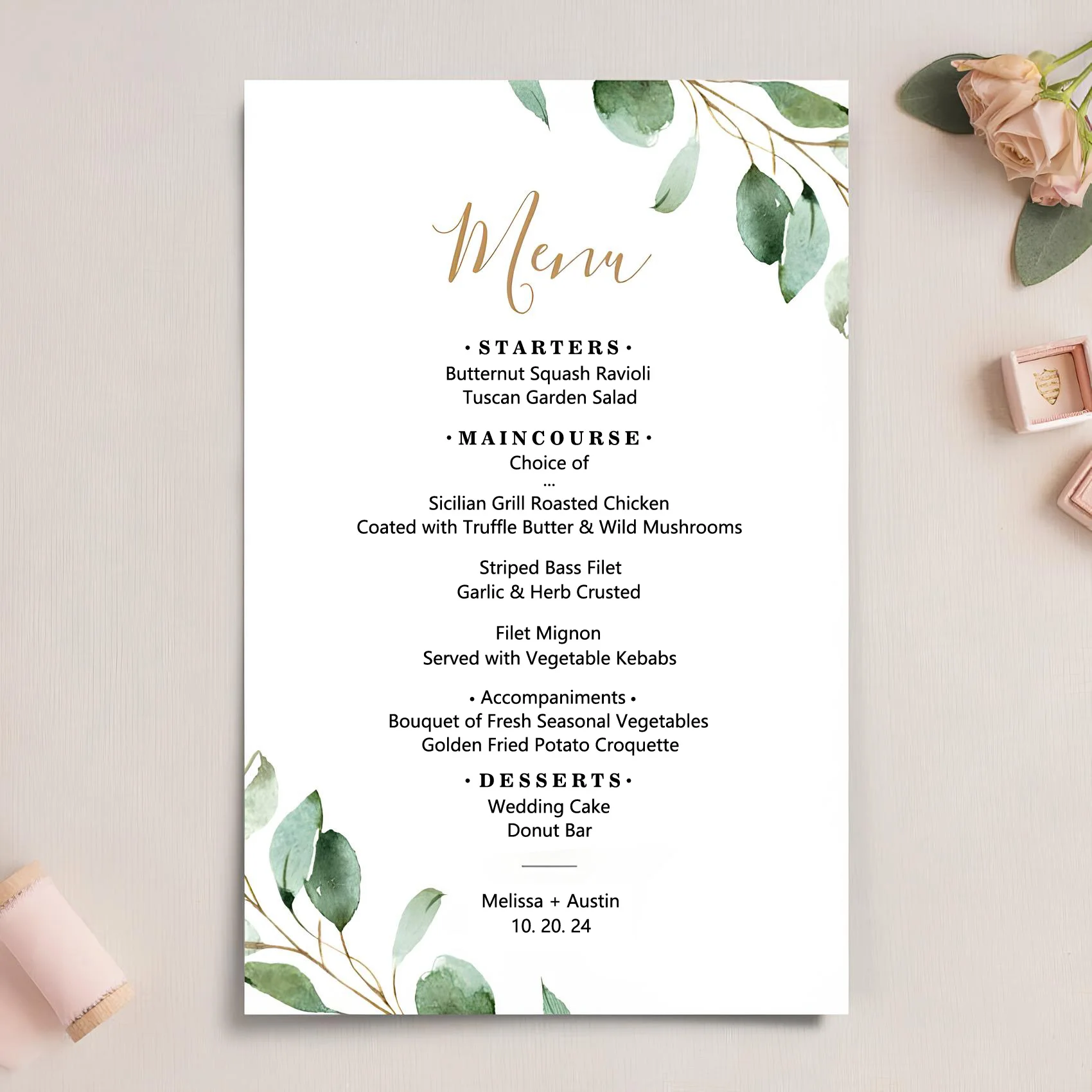 Karty Menu weselnego, niestandardowa karta Menu na wesele, spersonalizowana karta Menu weselnego, zieleń eukaliptusowa, 20 Pcs, 100Pcs