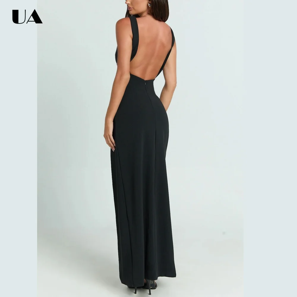 ULBYANRY Sexy Backless High-slit Prom Dress for Woman, Simple Solid V-neck Evening Dress, Customized Sleeveless Long Party Dress