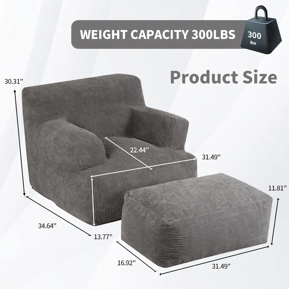 Bean Bag Sofa Chair with Ottoman, Giant Bean Bag Chair, Comfy Reading Chair with a Throw Pillow for Dorm Room, Living Room