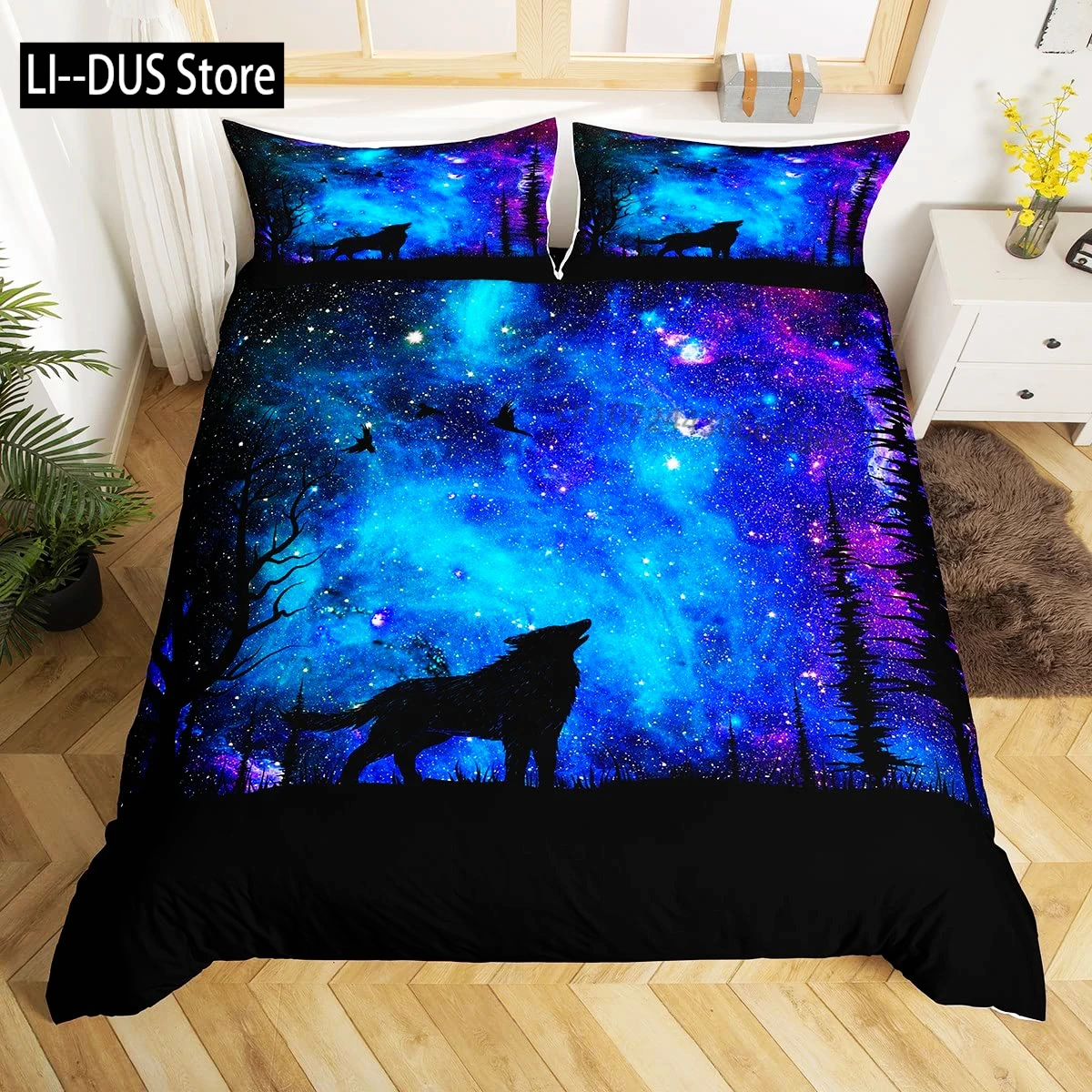 

Galaxy Wolf Duvet Cover Set Full Size, Bedding Set for Boys Girls, Wolf Head Printed Duvet Cove Set 1 Quilt Cover 2 Pillowcases
