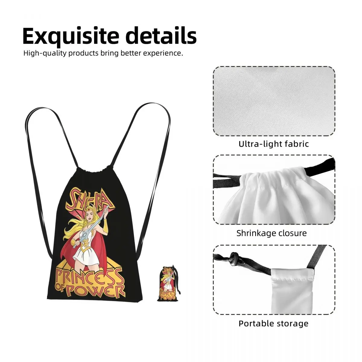 She Ra Princess Of Power Cartoon Drawstring Backpack hiking cycling Bag Portable Travel Drawstring Bag for Men Women