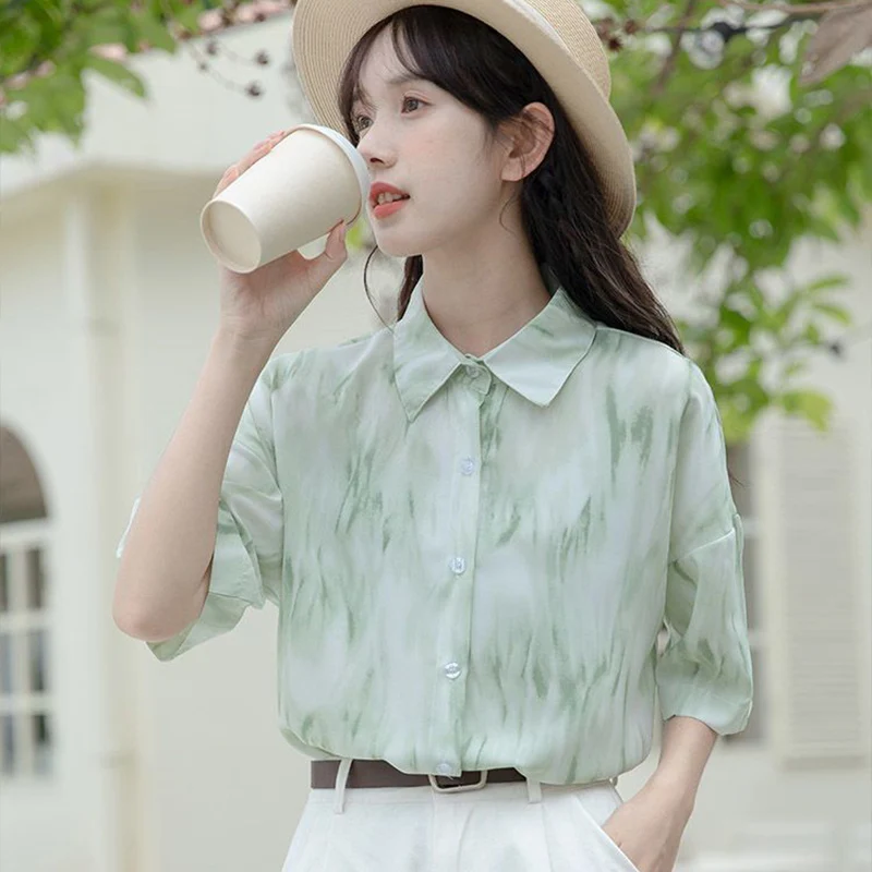 High Street Mint Green Printed Sweet Shirt for Women\'s 2024 Summer New Loose Slimming Fashion Casual Versatile Top for Women