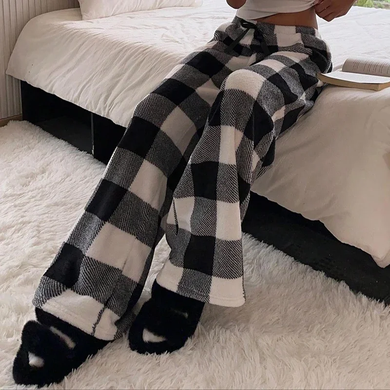 Camouflage Fleece Wide Leg Pants Fashion Women Casual Loose Stretch Multiple Printing Long Drawstring Lounge Pajama Trousers