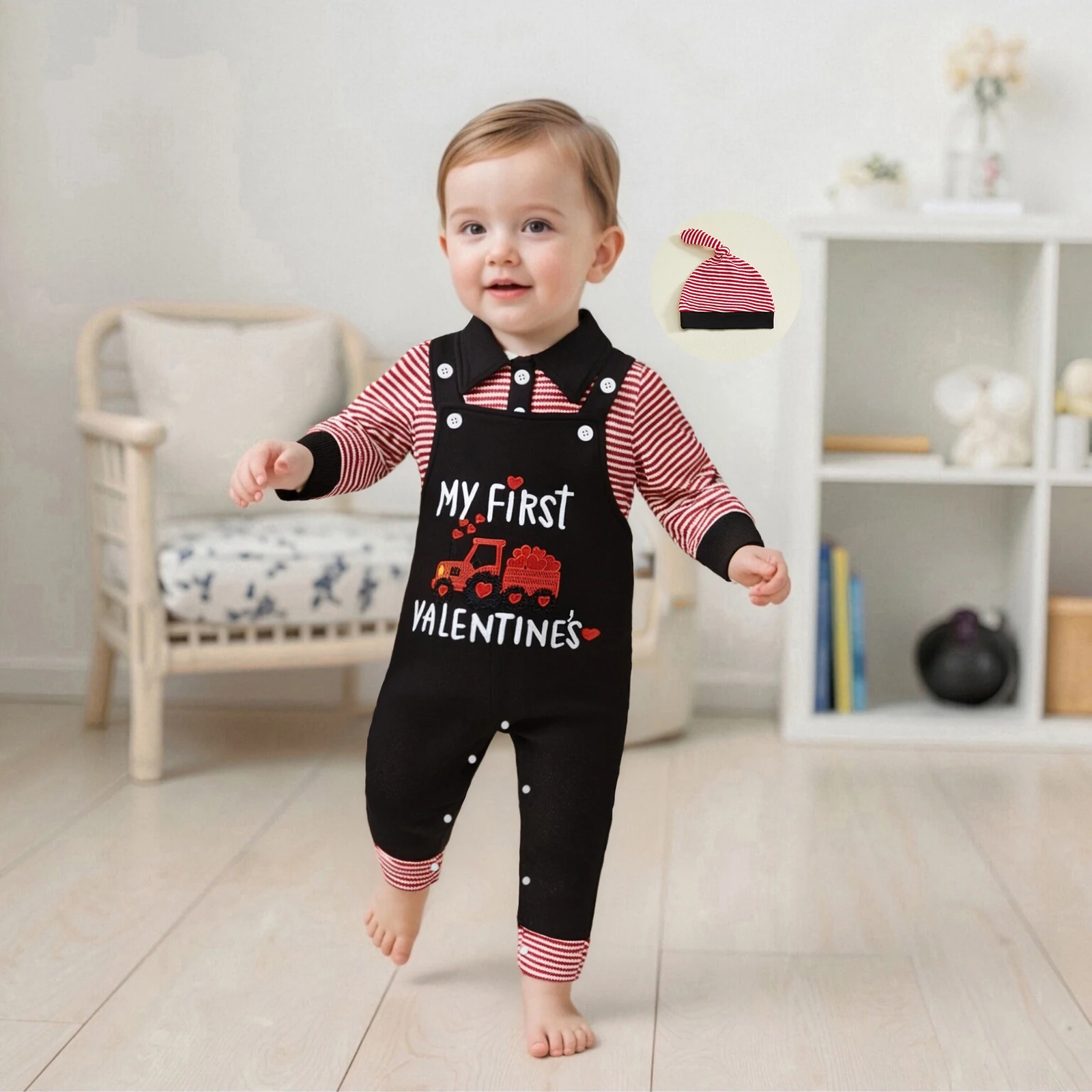 2026 Spring Baby Boy Valentine Outfits Xmas Stripe Long Sleeve Lapel Romper Letter Embroidery Overalls Pants and Hat 3Pcs Outfit