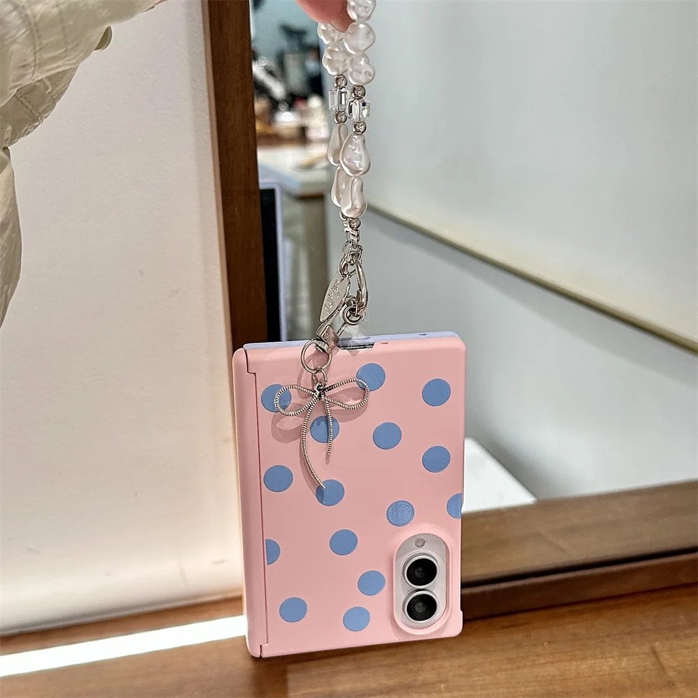 Kawaii Korean Ins Blue dots pink Phone case for Samsung Galaxy Z Fold 8 fold 8 Funda With Stand Chain Fashion Shockproof Cover