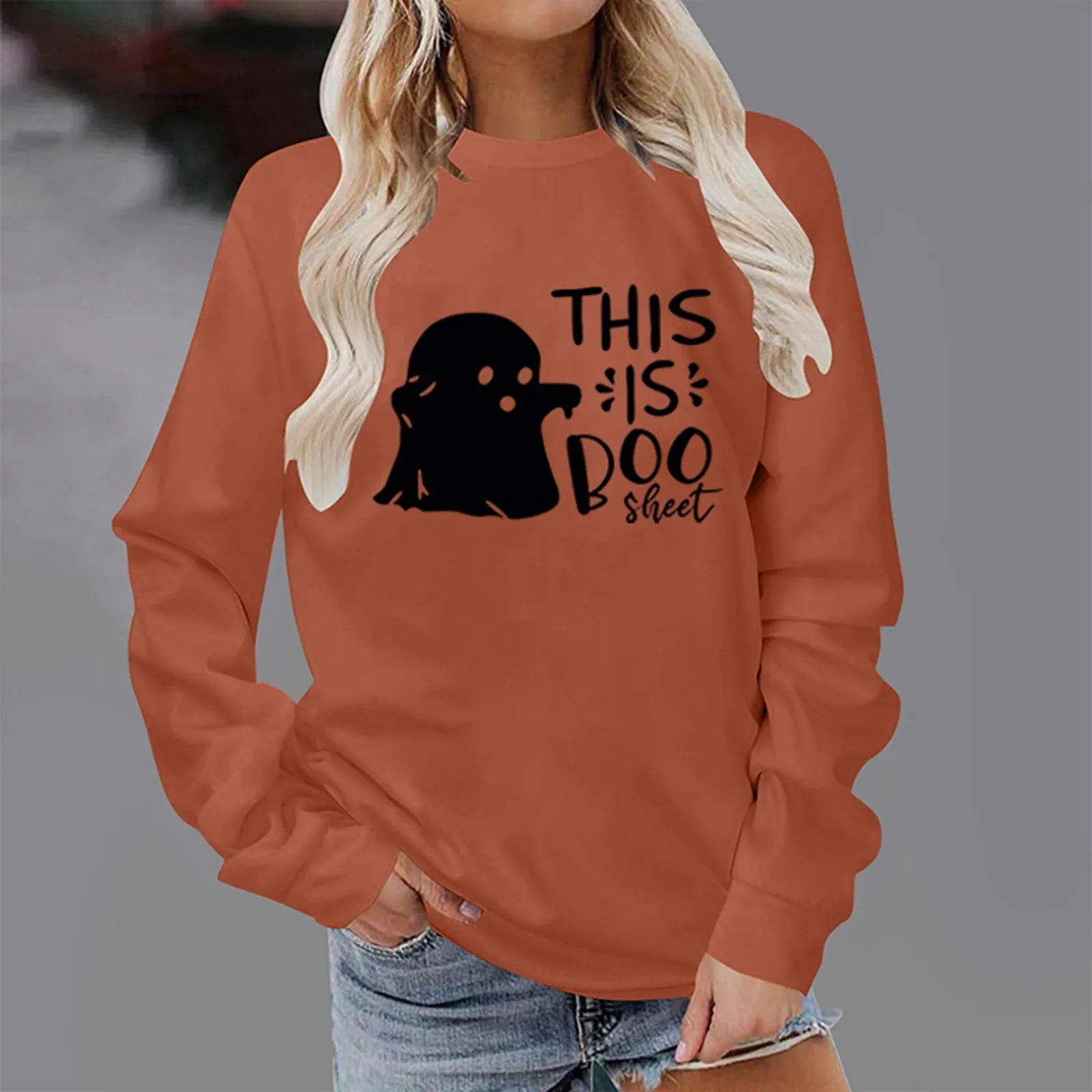 

Halloween Fashion Specter Printed Hoodie Long Sleeve Crew Neck Hoodless Sweatshirts Loose Fit Cute Casual Pullover Women