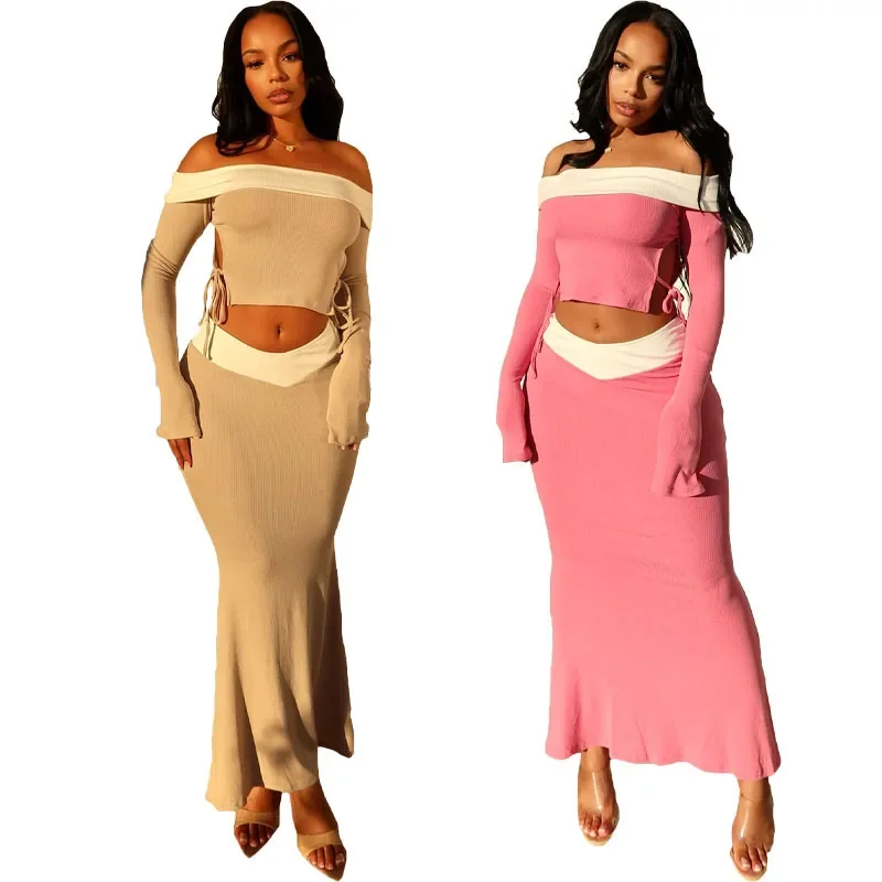 

Knit Ribbed Patchwork Women's Set Long Sleeve Off Shoulder Crop Top and Mermaid Bodycon Midi Skirt Two 2Piece Set Outfit