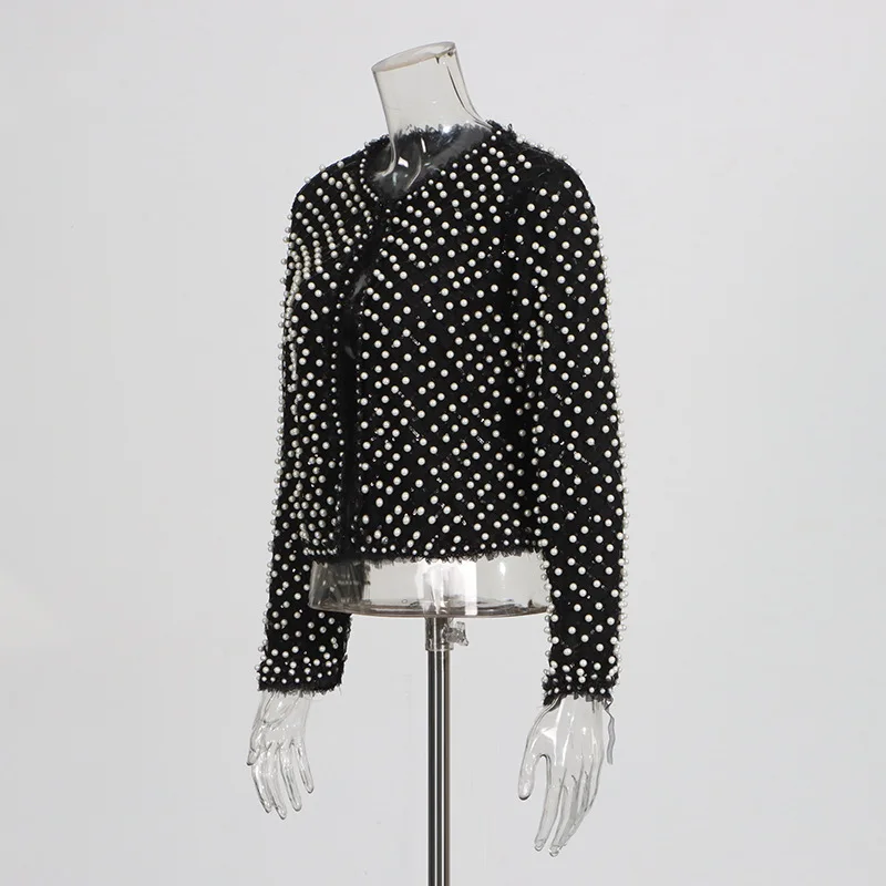 HKSH Women Short Blazer Elegant Trend Dark Style Heavy Embroidered Flares Design O-Neck Pearl Sheer Niche Chic Suit-Coat HK27999