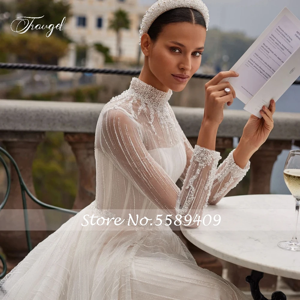 Traugel Elegant Illusion High Neck Long Sleeve A Line Wedding Dresses Luxury Appliques Beaded Court Train Vintage Bridal Gown