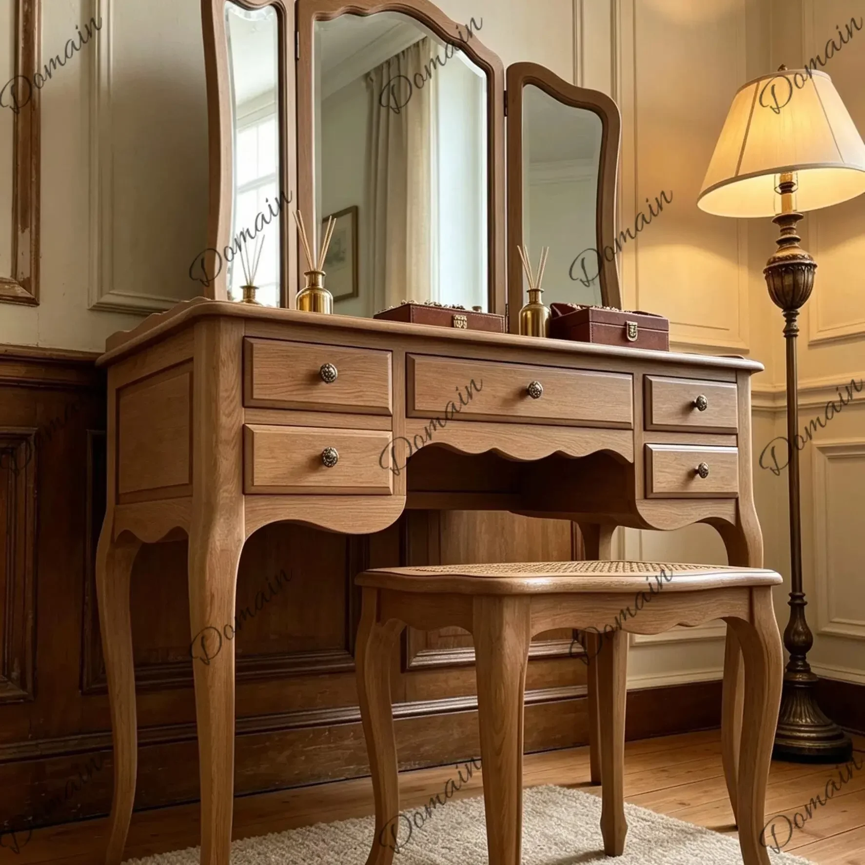 N 41 American country solid wood dresser with mirror bedroom rattan makeup table set French retro furniture with mirror