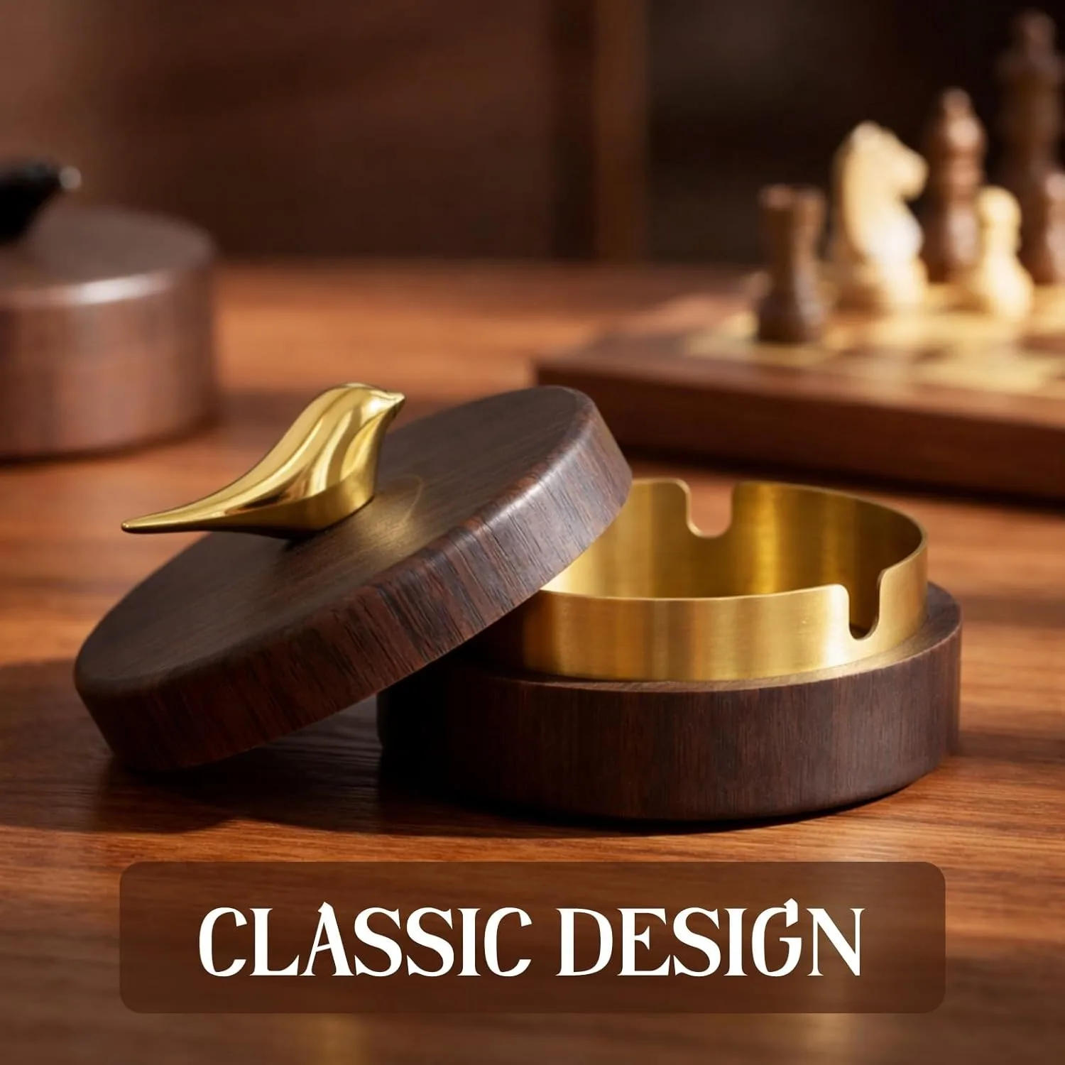 Golden Bird Ashtray with Lid 3.5-inch Round Stainless Steel Lining Designed for Smokers Vintage Style