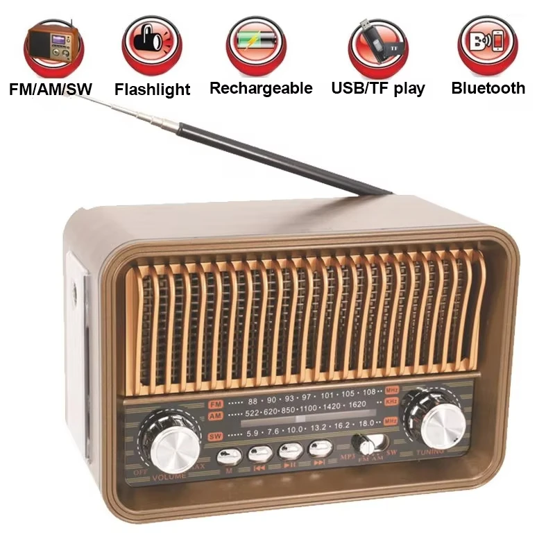 Portable FM AM SW Radio Multi-band Vintage Radios Wireless Bluetooth Speaker with LED Flashlight Supportt TF Card U Disk AUX