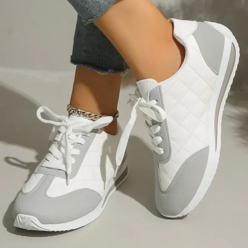Zapatillas deportivas acolchadas con cordones para mujer, zapatos casuales para caminar con diseño de patchwork en dos tonos