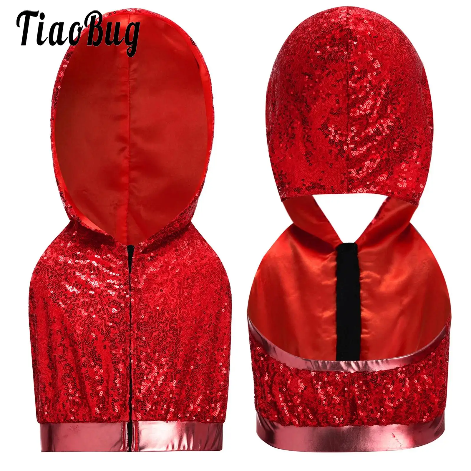 

Kids Girls Sequins Jazz Hip-Hop Dance Costume Sparkly Crop Top Street Dancewear Backless Front Zipper Sleeveless Hooded Vest Top
