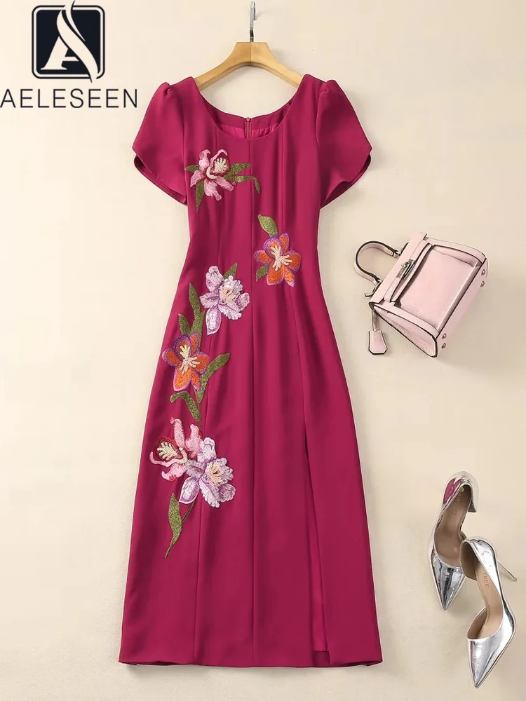 

AELESEEN High Qaulity Summer Dress For Women Short Sleeve Claret Flower Embroidery Sequined Split Elegant Midi Party Holidat