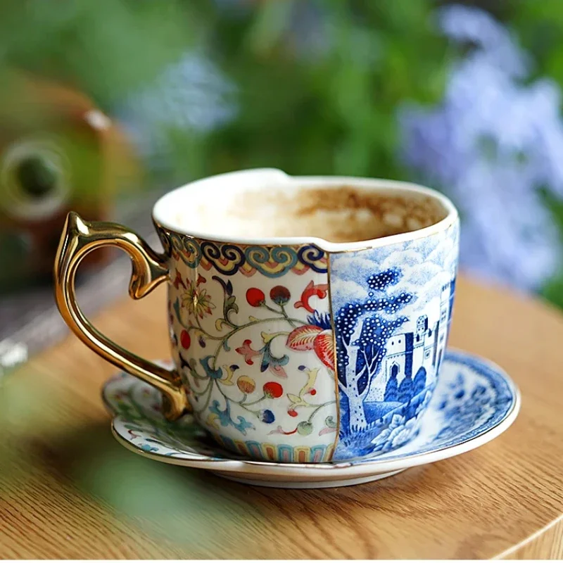 Luxury Ceramic Coffee Cup and Saucer Set European Retro Afternoon Tea Mug Creative Drinkware for Couples Elegant Porcelain