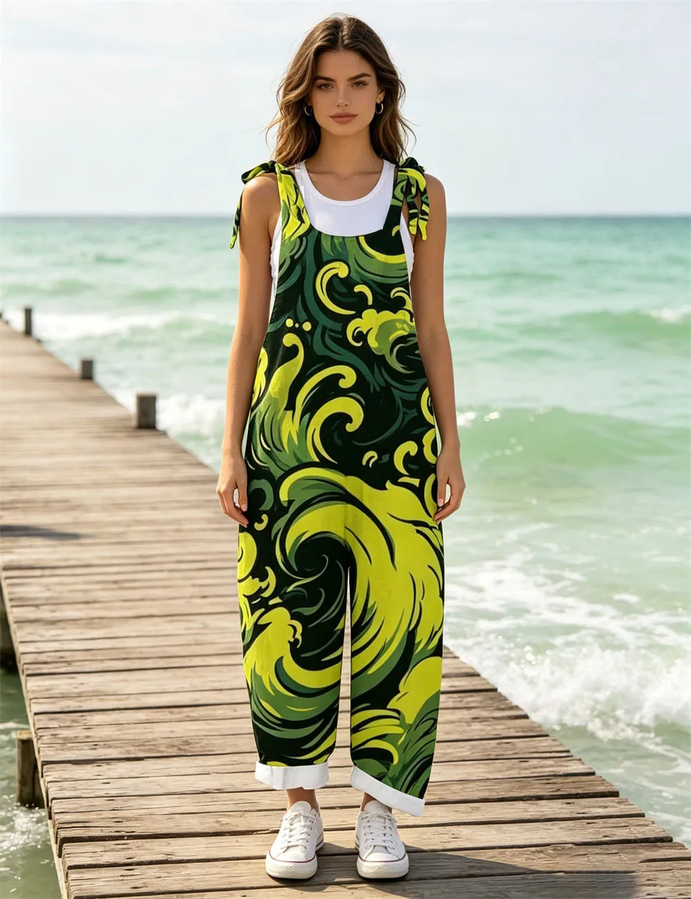 Women's new green diagonal interlaced printed casual loose jumpsuit, daily retro comfortable jumpsuit