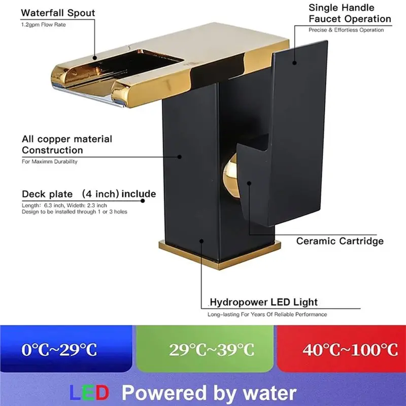 LED Bathroom Sink Faucet, Single Handle Gold Waterfall Single Hole Handle Vanity Faucets Color Change By Water Flow