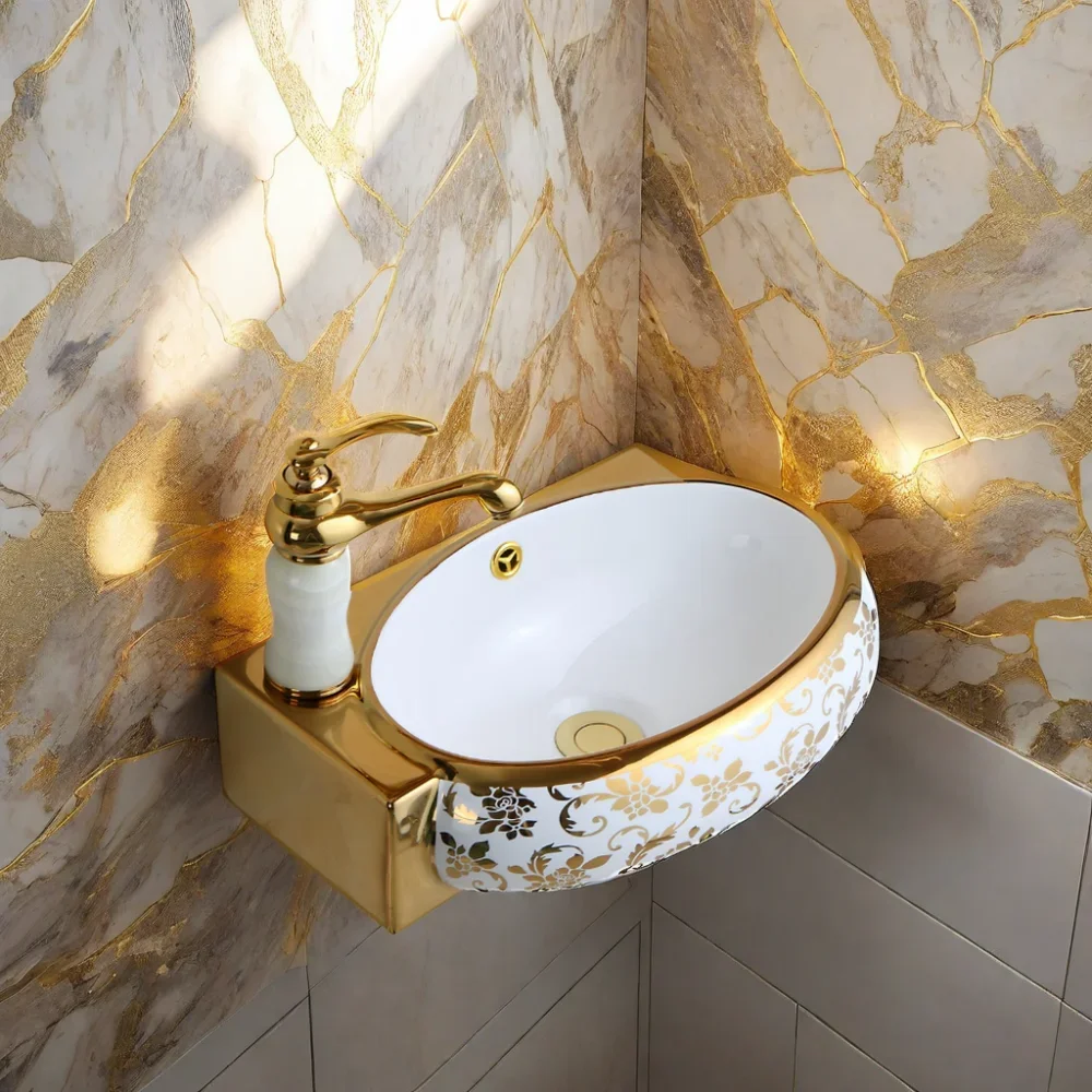 YYHC-Factory Direct Small Mini Gold Wash Marble Sink Corner Design Wall Hung Basin for Hotels Apartments Villas