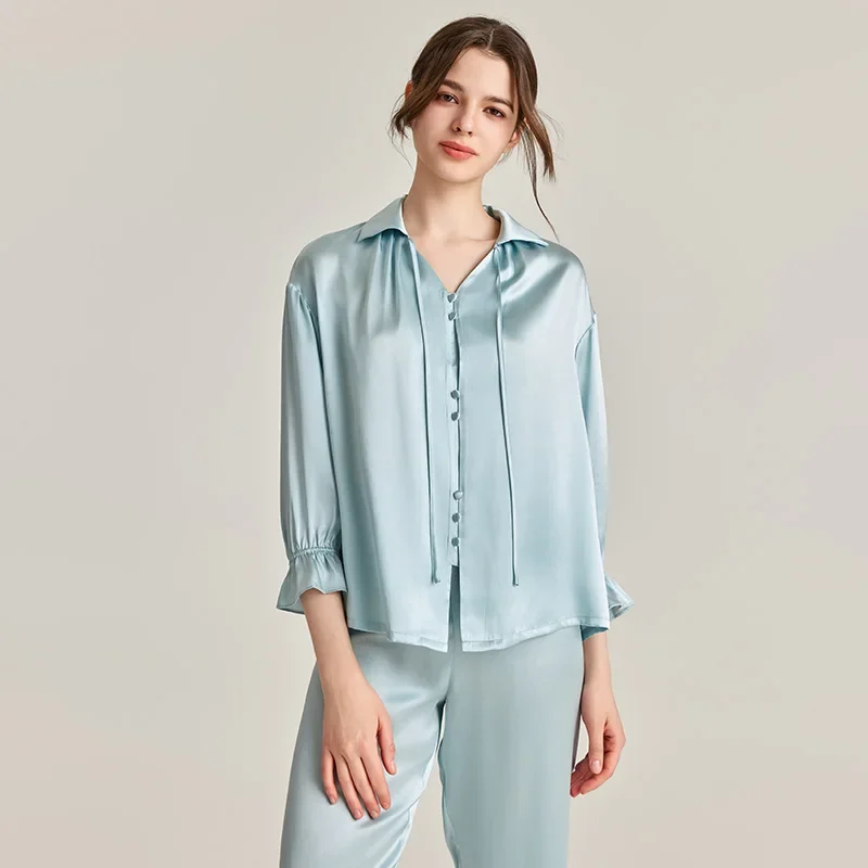 

19MM 100% Mulberry Silk Long Sleeves Long Pants Pajama Set Spring and Autumn Nightwear Women's Cardigan Pajamas Homewear Set PJS